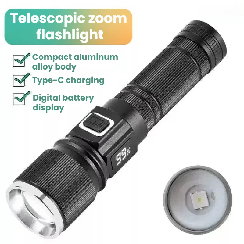 

Мощный светодиодный фонарь с зарядкой Type-C, телескопическим зумом, из алюминиевого сплава, водонепроницаемый, для активного отдыха, походов, кемпинга, патрулирования