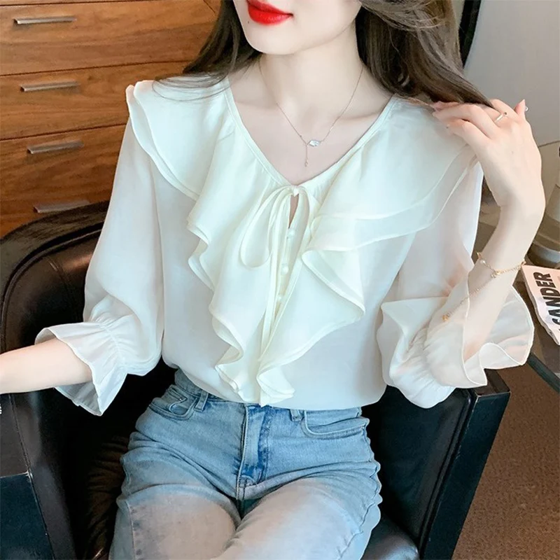 High Street Sweet Tie Up Ruffled Three Quarter Sleeved Women\'s Chiffon Shirt Summer Casual Commuting Temperament Top for Women