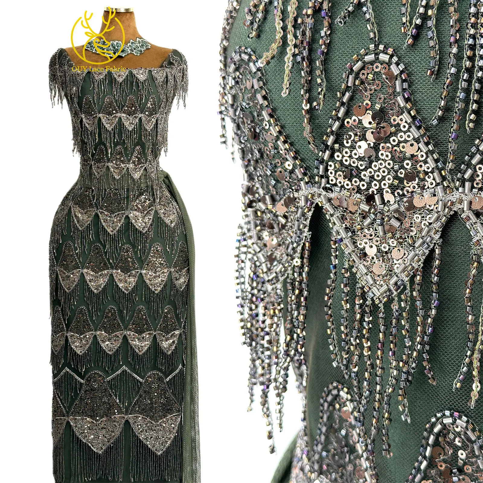 Afrikanischer Hochwertiger 3D-Perlen-Tüll-Stickerei-Spitzenstoff Französische Pailletten-Spitze Luxuriöser Nigerianischer Tüll Hochwertiger Hochzeitskleid-Stoff – Detail 4