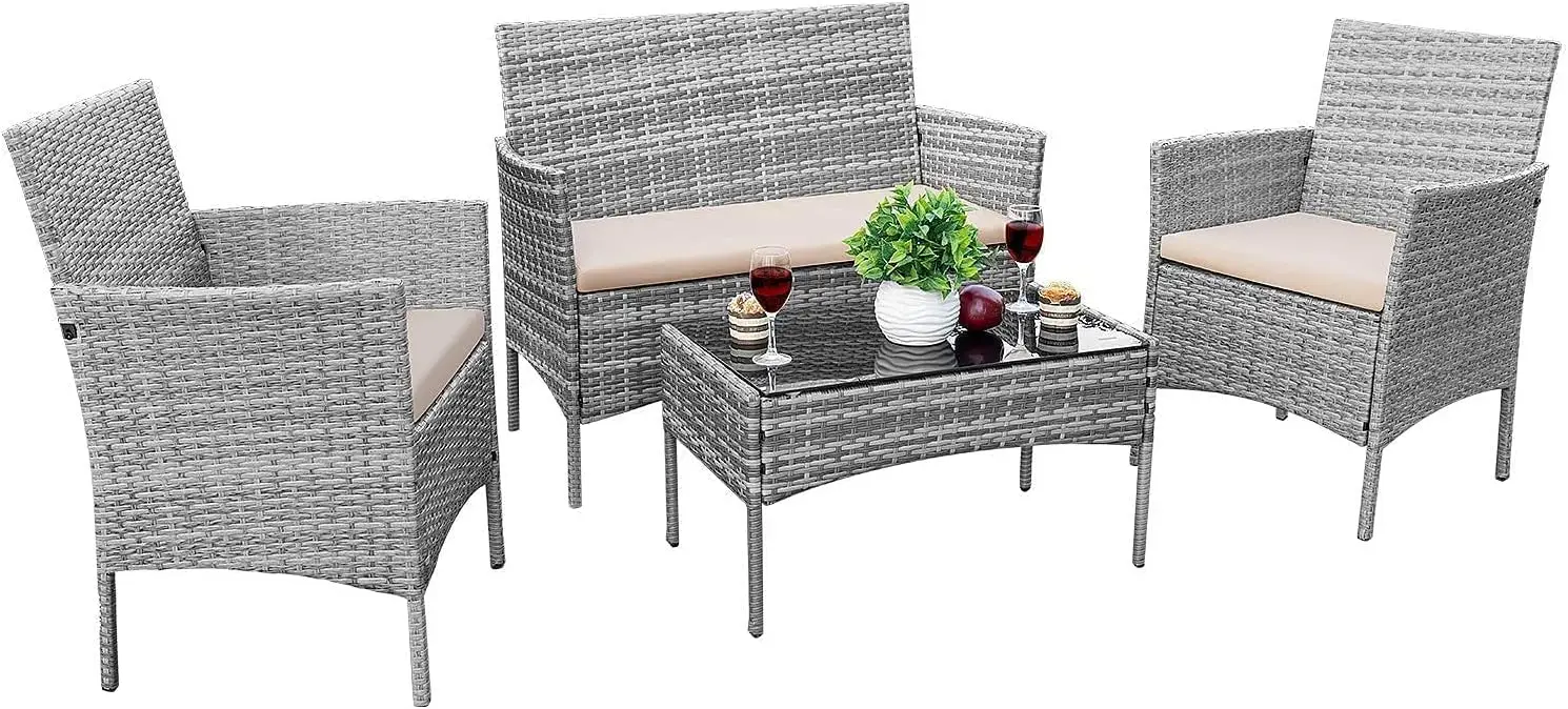 4 Stuks Terras Veranda Meubels Sets Pe Rotan Rieten Stoelen Beige Kussen Met Tafel Buiten Tuin Patio Meubelen Sets (Grijs)