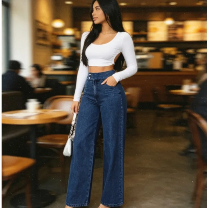 

Women‘s Button Fly Straight Jeans Elastic High Waist Loose Denim Quick Dry & Wrinkle Resistant Ideal for Office Travel