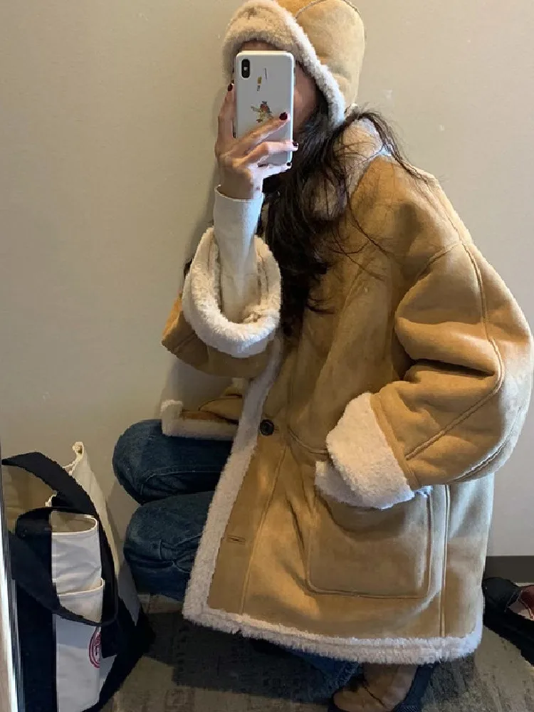 

Retro East Gate Suede ort Jaet Women's Removeable Fur Collar Casual Loose Fit Long Sve Button up Autumn Coat