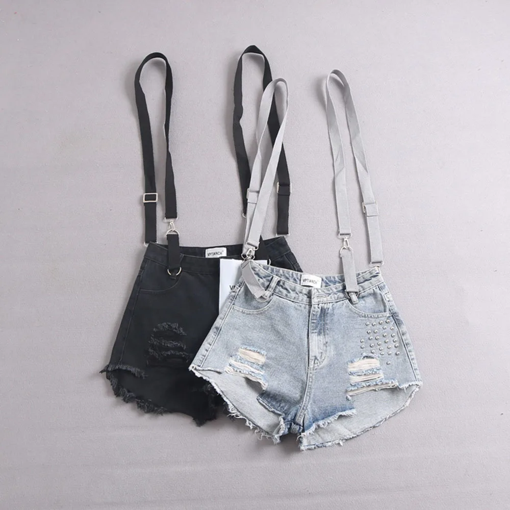 

2024 Summer New Spice Girl's Denim Backpack Shorts High Waist Holes Loose Wide Leg Hot Pants Korean Fashion Rivet Overall Jeans