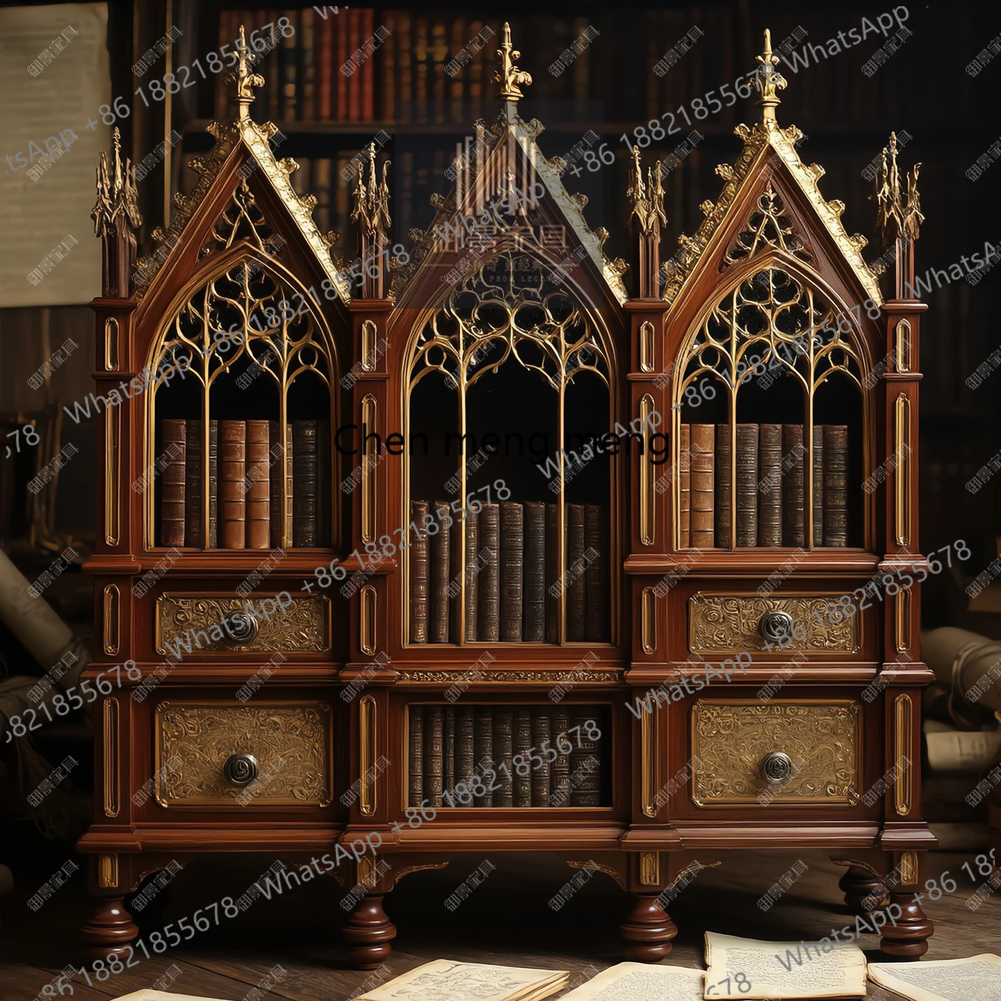 solid wood building bookshelf French baroque gold foil baking paint bookcase display cabinet study furniture customization