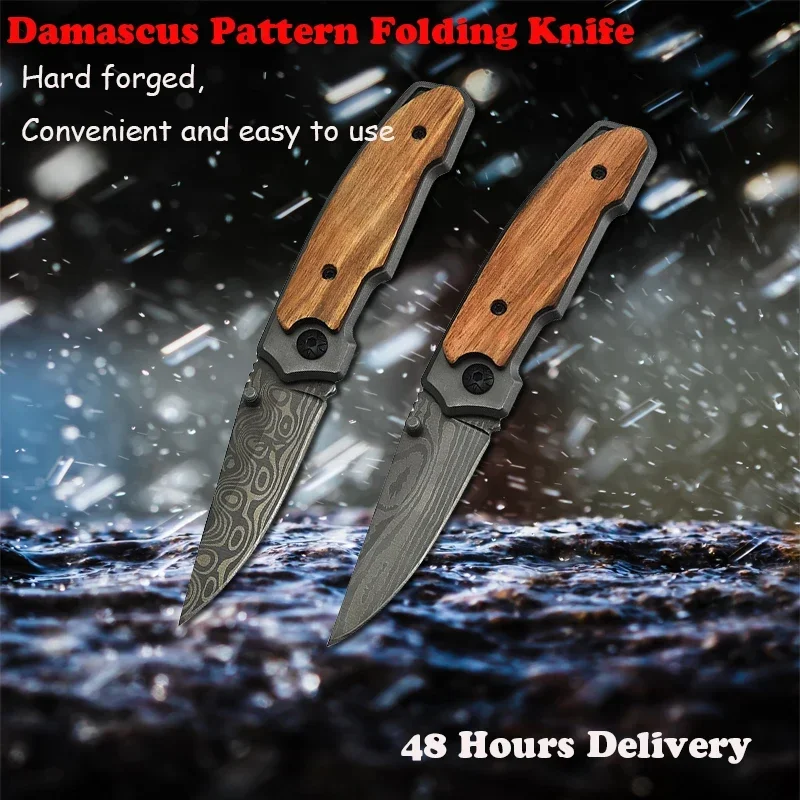 Folding Knife Damascus Pattern Camping Self Defense Mountaineering Portable Multi Purpose Folding Knife  Klappmesser Buterffly