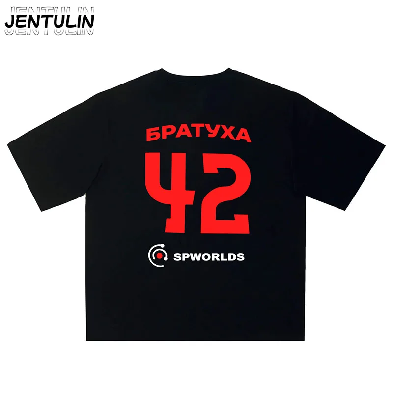 Harajuku Pure Cotton 42 Братуха Men's T-shirt Punk Hip-Hop Men's Ladies National Flag Pattern Printed Y2K Gothic Loose Tops