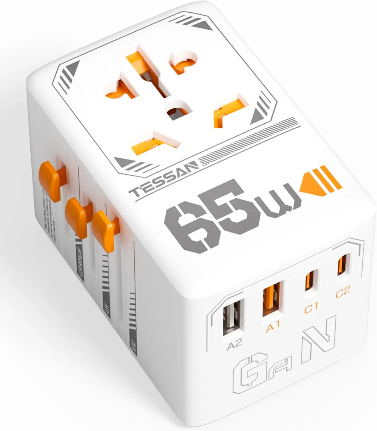 

Универсальный дорожный адаптер GaN мощностью 65 Вт с 4 портами USB (2 USB-C) для использования по всему миру в США, ЕС, Великобритании, Австралии