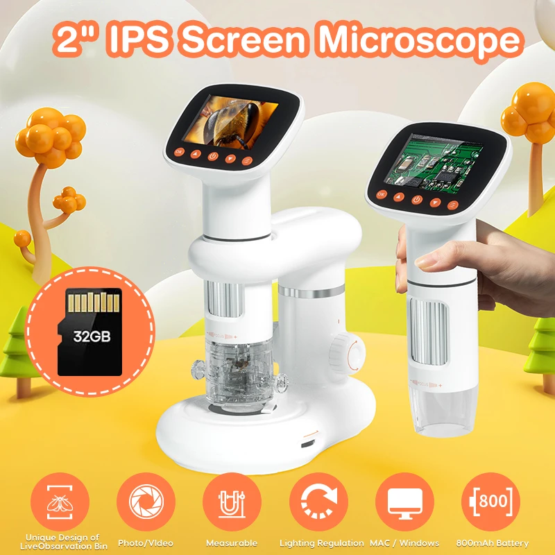 

Portable Pocket Microscope for Kids Adults with 2" IPS Screen, 50-1000X Mini Handheld Digital Microscope for Christmas Birthday