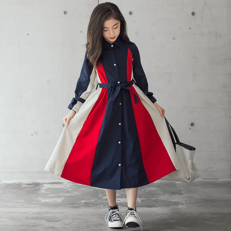 

2022 Spring Autumn New Children Clothing Elegant Long Dress Girls Patchwork Fashion A- Line Dress for 5-16 year girls