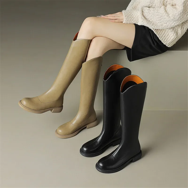 

New Autumn Split Leather Knee-high Boot Women Boots Round Toe Chunky Heel Boots For Women Winter Boots Low Heels Botas De Mujer