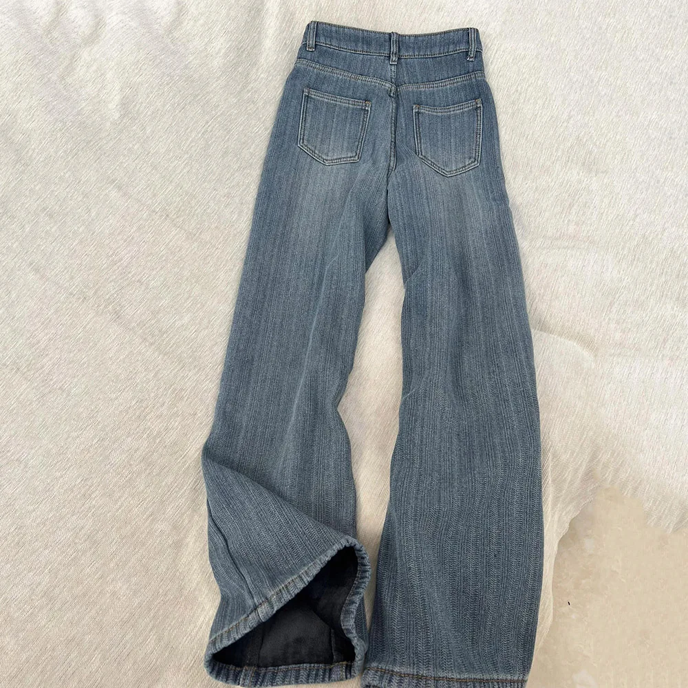 Retro Blue Velvet Straight Leg Jeans for Women Autumn Winter High Waist Slimming Texture Wide Leg Pants Female Trousers