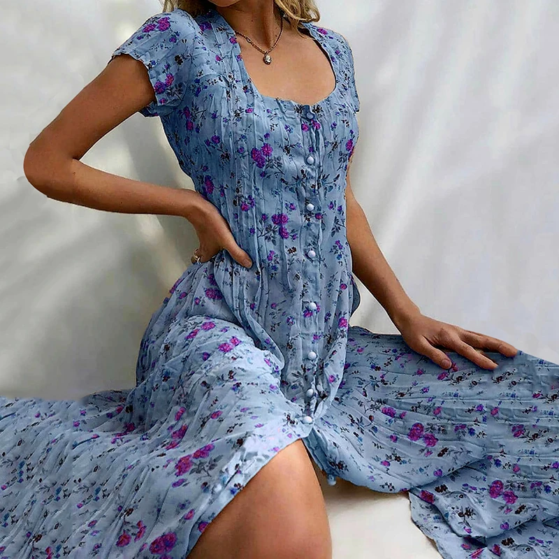 Women's Single Breasted Floral Slim Dresses Summer New Fashion Short Sleeved Elegant Female Casual Vintage Beach Swing Dresses