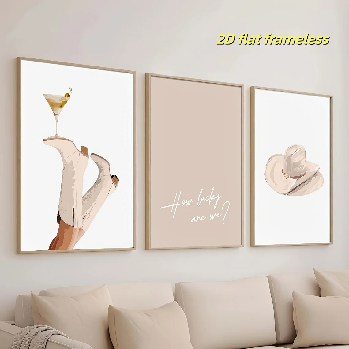 3 pieces of modern Western cowboy girl wall art, beige cowboy boots and rooster tail Martini posters, suitable for room and livi