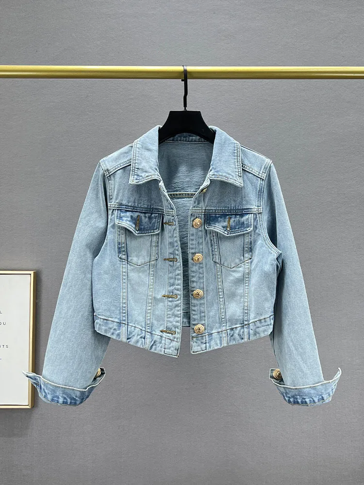 

Spring New Non-Mainstream Style Retro Metal Buckle Washed Worn Denim Jacket Fashion Long Sleeve Streetwear Short Coat