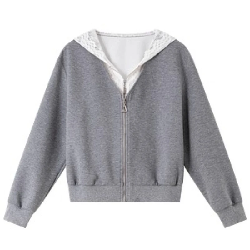 VIMLY Grigio Pizzo Con Cappuccio Patchwork 2 in 1 Giubbotti Sportivo Donna Autunno 2025 Elegante Manica Lunga Cerniera Lavorato A Maglia Cappotti da Donna A2178