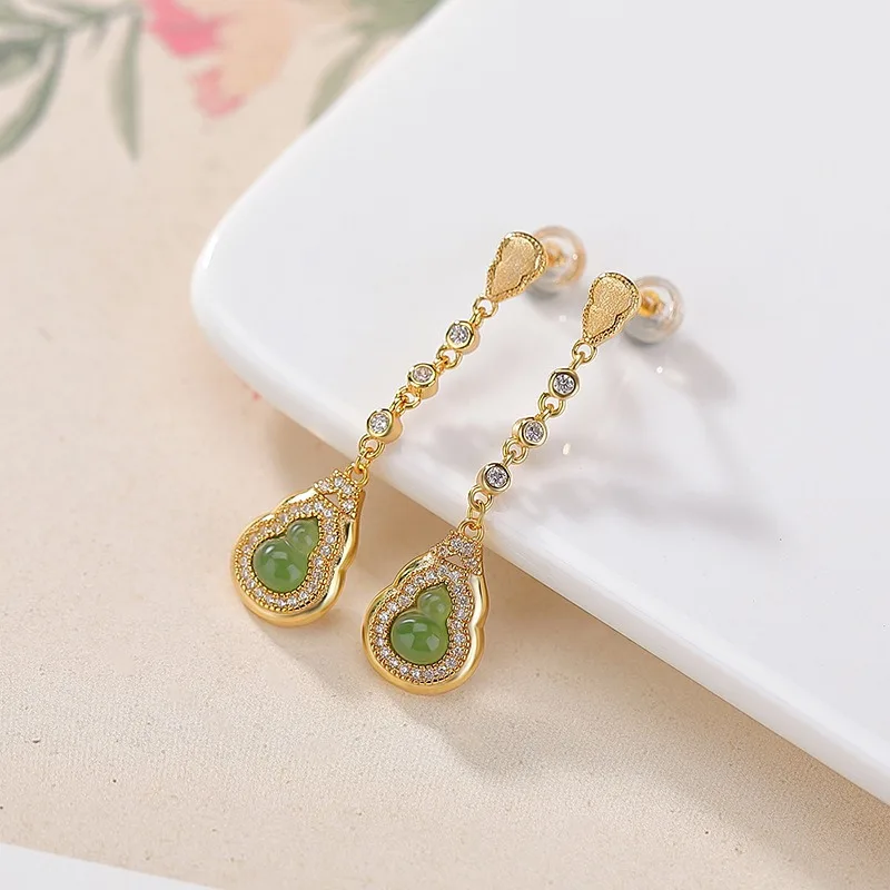 

TIMESWIND Green Natural Hetian Jade S925 Double Gourd Full Zircon Women Earrings Certificate