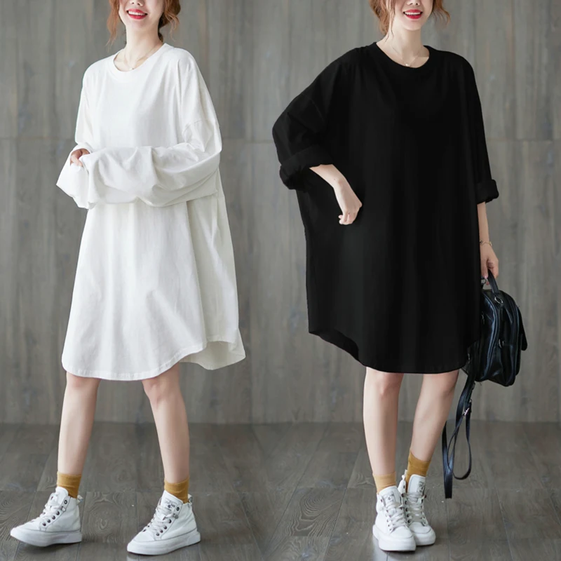 

Lazy Sle Color Long Sve круглая футболка Ne размера плюс, женский осенний топ, закрывающий живот, антивозрастной, средней длины