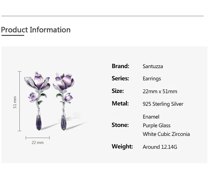 SANTUZZA Real 925 Sterling Silver Drop Earrings For Women White Cubic Zirconia Purple Gradient Enamel Flower Chic Fine Jewelry