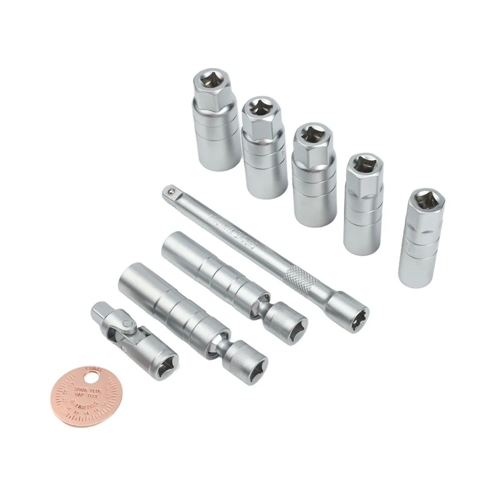 10pc 3/8 Inch Drive Spark Socket Set with Magnetic Swivel Function and 10 Inch Extension Bar for Vehicle for service
