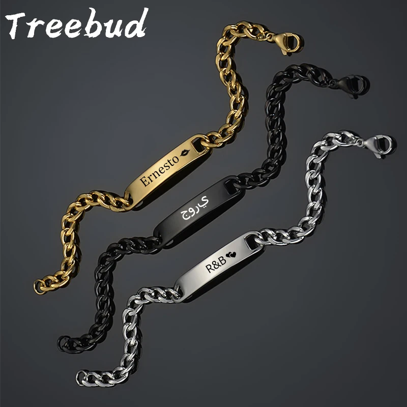 Treebud Custom Name Men Bracelets Stainless Steel Personalized Laser Engraved ID Date Tag Bracelet Women Jewelry Gifts