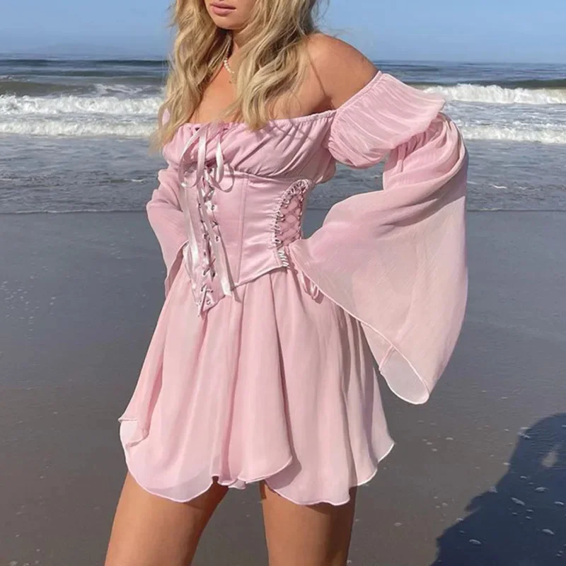 

Women’s Mini Dresses Elegant Strapless Flared Long Sleeve Pleated Waist Vacation Beach Gown Ladies Fashion A-line Dresses New