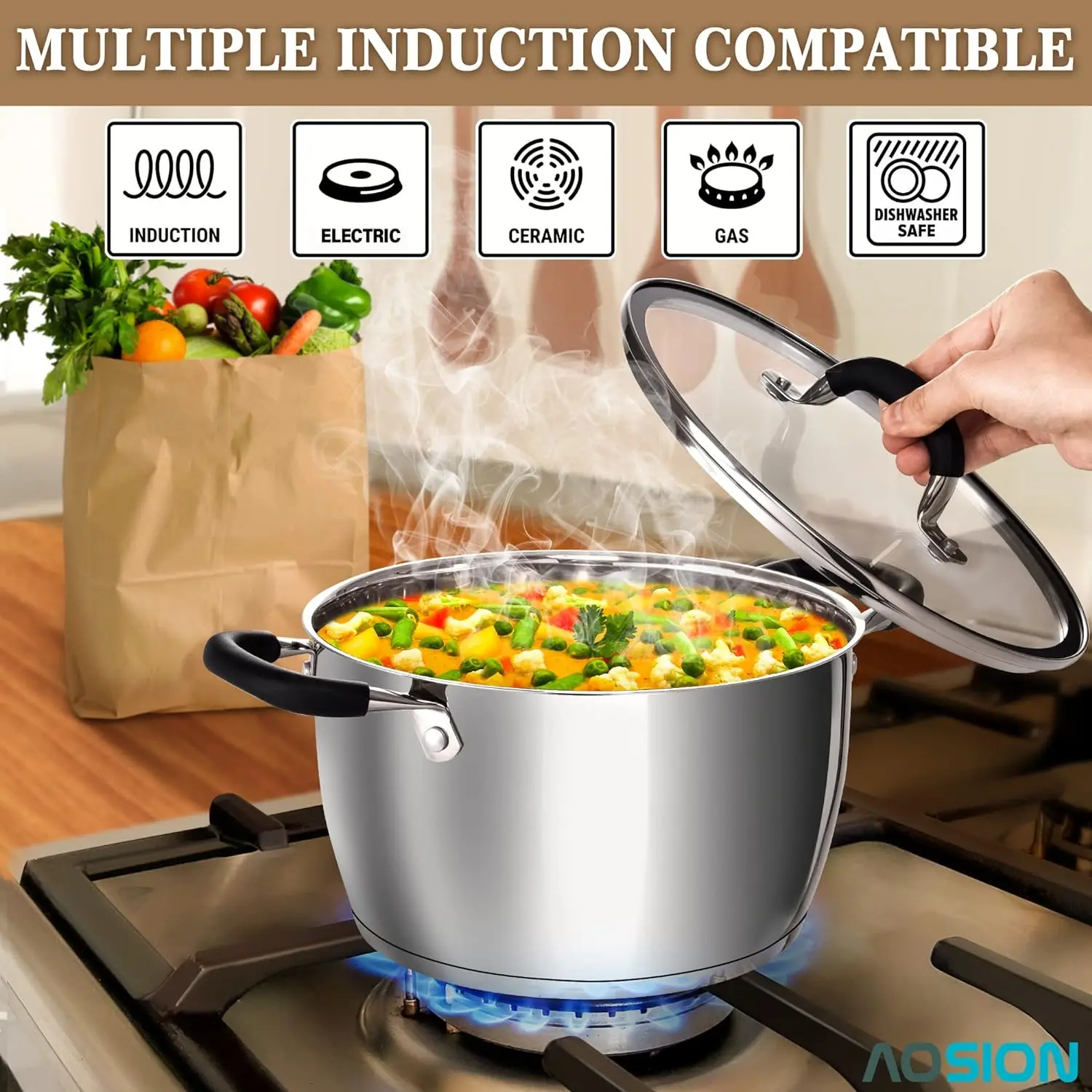 AOSION 6 Quart Stainless Steel Stockpot, All-In-One 6QT Stock Pot, Soup Pasta Pot with Lid, Cooking Pot, Induction Pot,