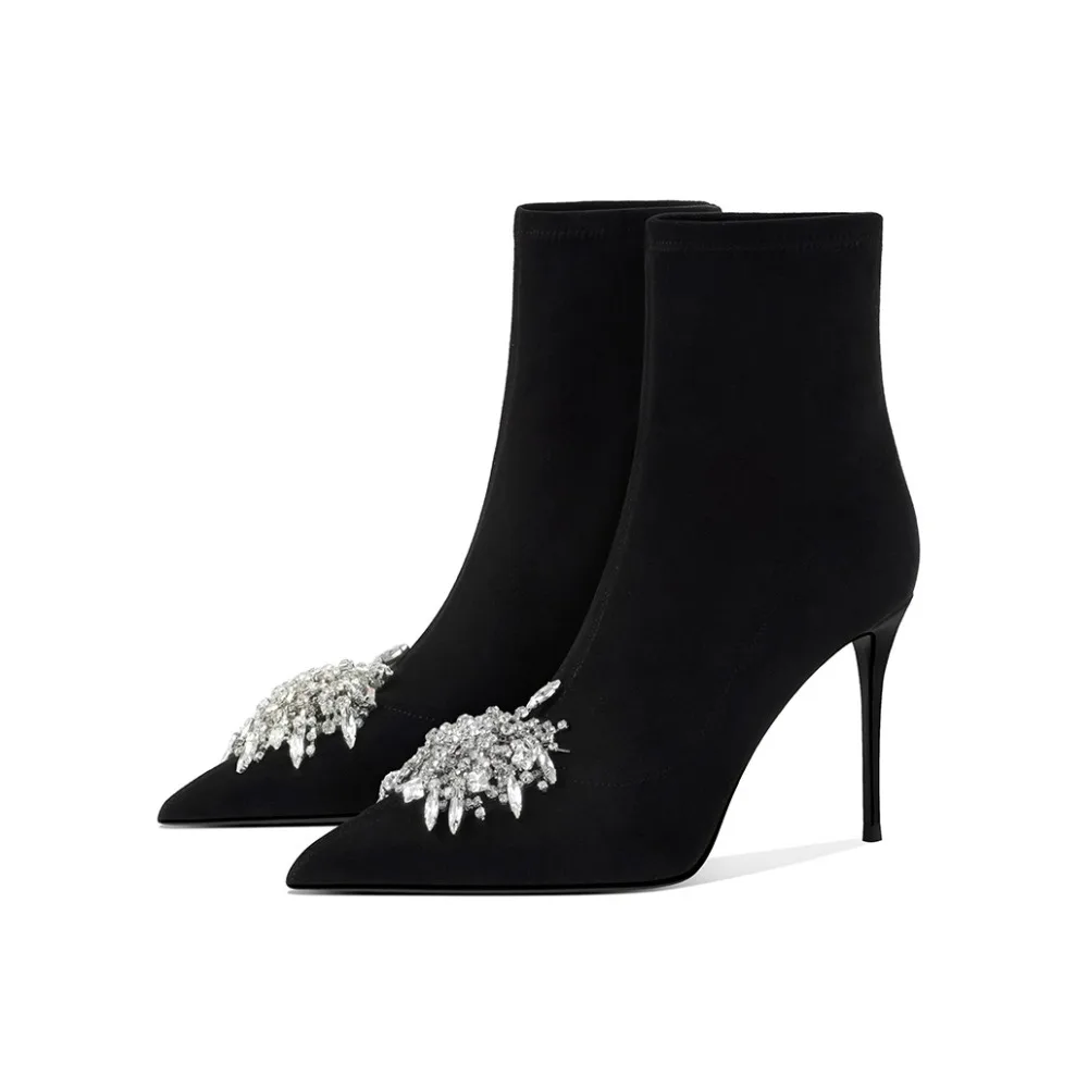 

French Black Rhinestone Heel Ankle Boots Women Pointed Toe Stretchy Slim Boots 2025 New