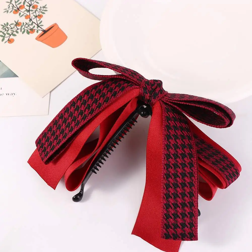 Cute Silmple Elegant Colth Houndstooth Vertical Clip Korean Style Hair Clip Banana Hair Clip Girls Hairpin Bow Headwear