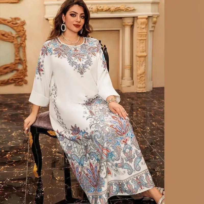 39BB المرأة الإسلامية فستان كامل الطول الكافتان فستان زهرة طباعة فستان كامل الطول الإسلامي رداء الشرق الأوسط