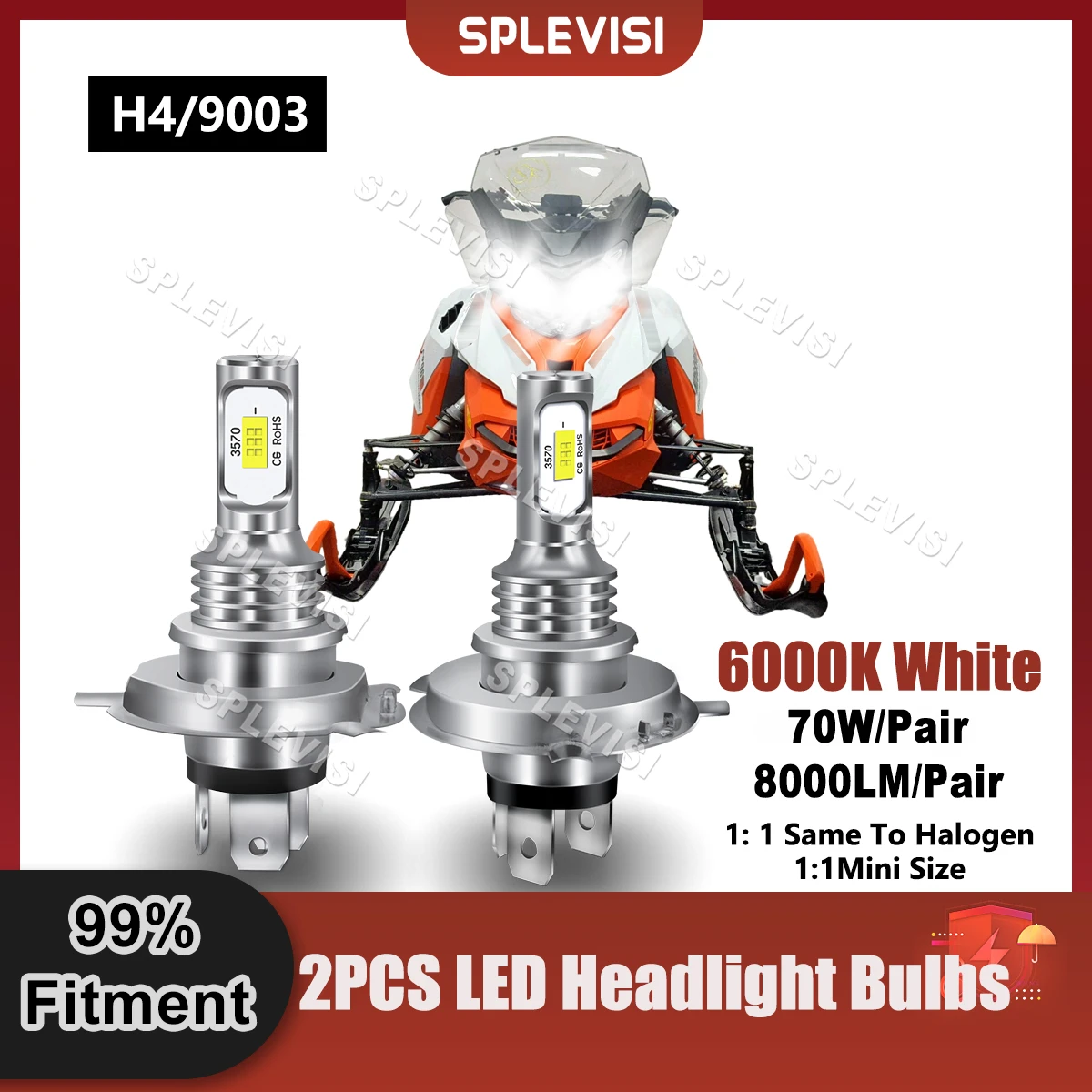 2PCS LED Headlight Bulbs Pure White For Ski-Doo Skandic 2010 2011 2012 2013 2014 2015 2016 2017 2018 2019 Snowmobile Light