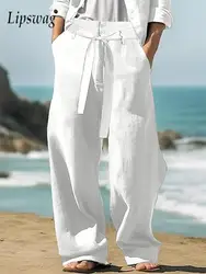 Vintage Lace-up Solid Color Linen Trousers Men 2025 Spring Summer Leisure Breathable Loose Straight Pants For Mens Casual Pants