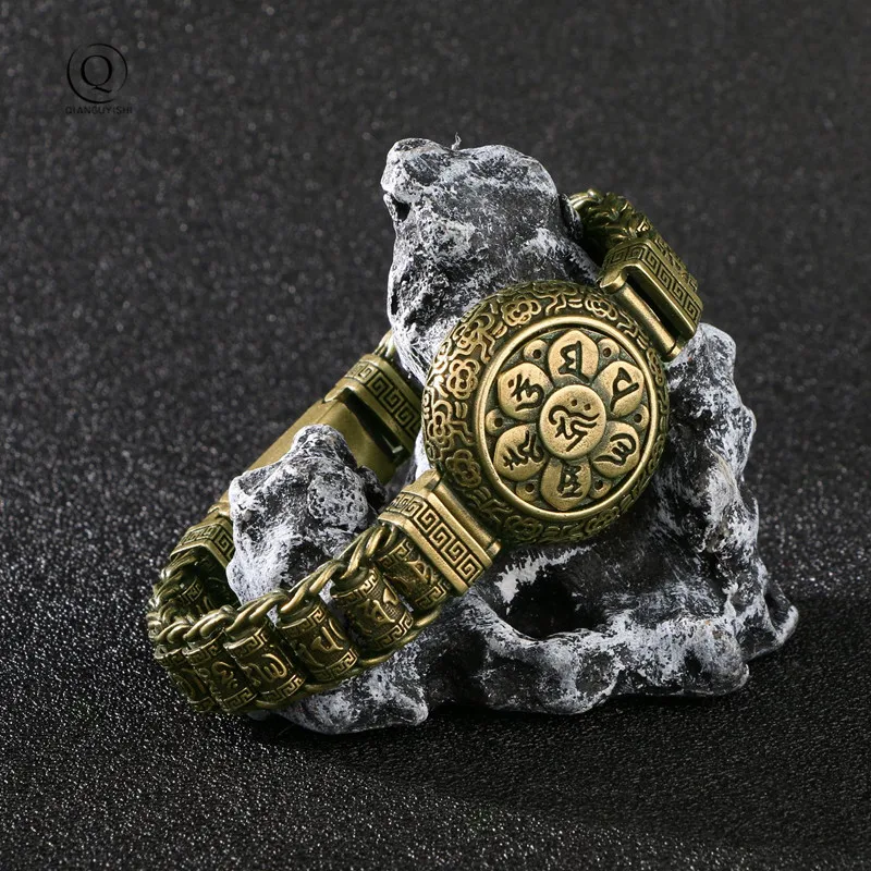 Brass Buddhist Scriptures Cuff Bangles Pure Copper Buddhism Mantra Lucky Bracelets Vintage rotating  Women Men Hands Jewelry