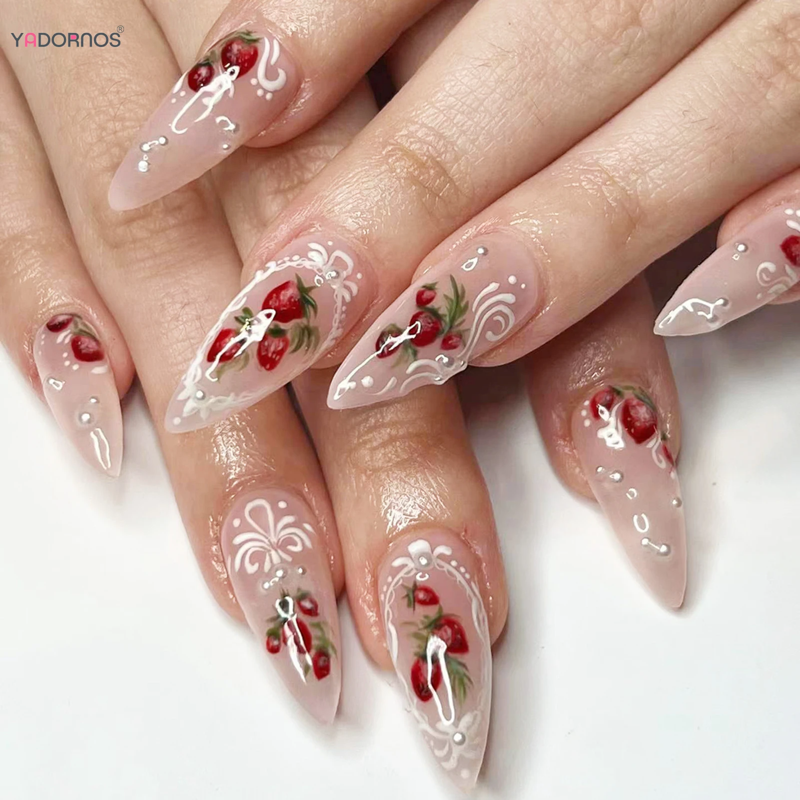 24Pcs Almond Fake Nails with Red Strawberry Printed Flower Pearls Designs Press on Nails Women Girls Charms Manicure False Nail