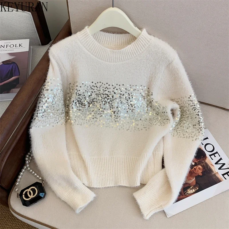 Sequins Pullovers Sweater Women\'s Autumn Winter Korean Style O-Neck Long Sleeve Khaki Short Mohair Sweaters Jumpers Pull Femme