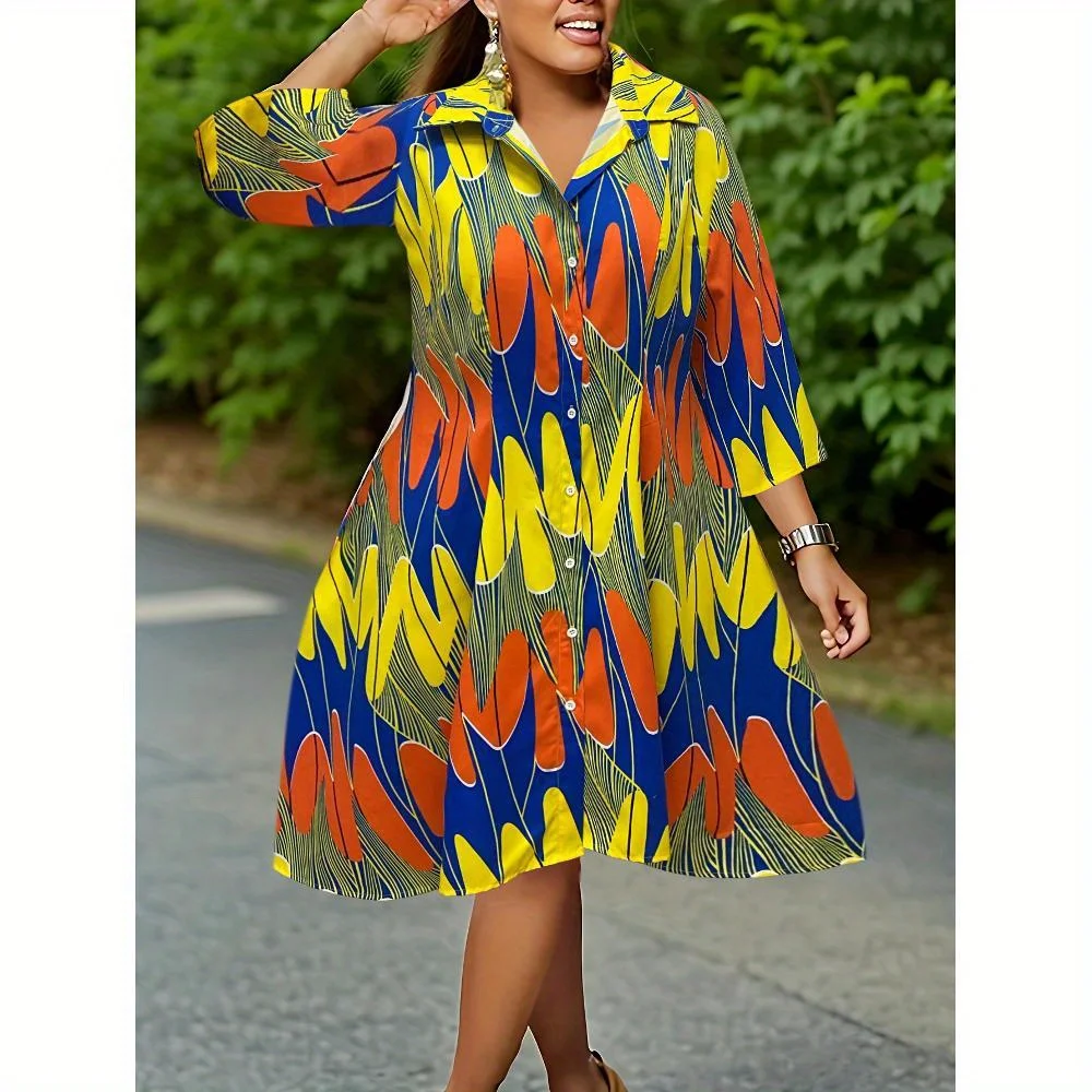 

Повседневная рубашка для отпуска с разноцветным узором и лацканами с длинными рукавами, длинная юбка