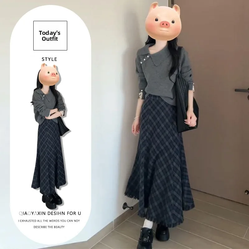 

Retro Hong Kong Style Knitted Sweater And High Waist Plaid Skirt Set Warm And Fashionable for Autumn And Winter
