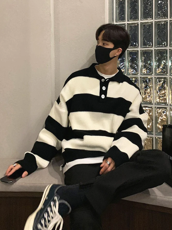 

Loose Fit Long Sleeve Knitted Shirt Men's Color Block Striped Sweatshirt Comfortable Korean Style Outerwear Sweater