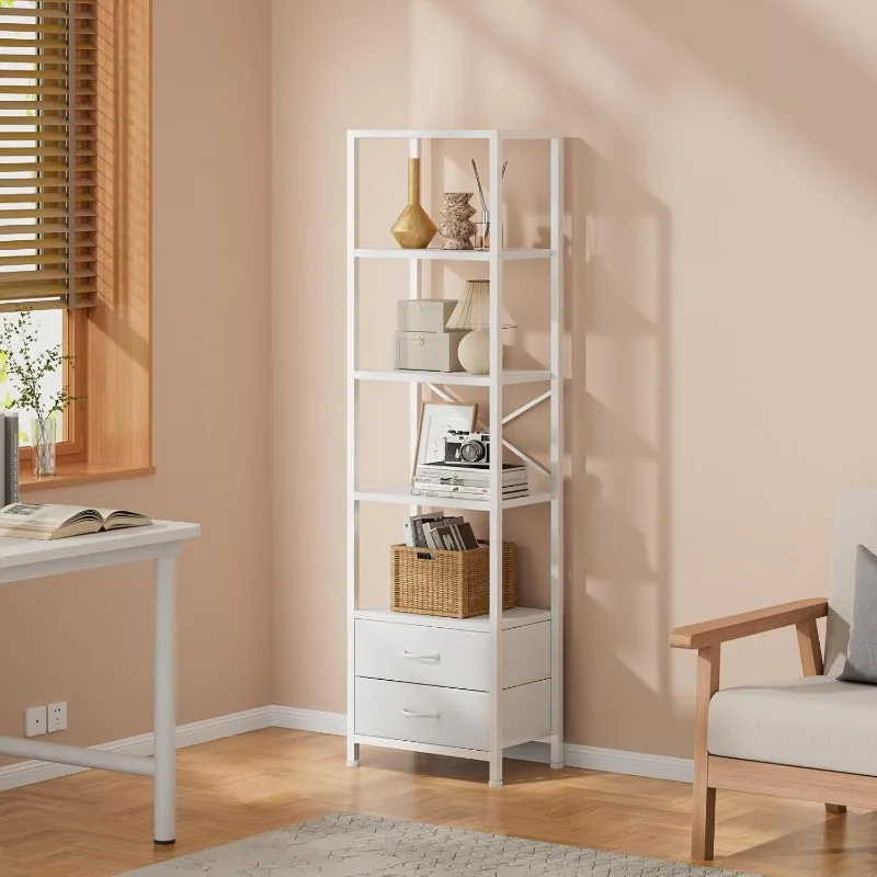 Narrow Bookshelf with 2 Storage Drawers, Tall Bookcase, Standing Shelf Organizer Unit for Living Room, Bedroom, Metal Frame