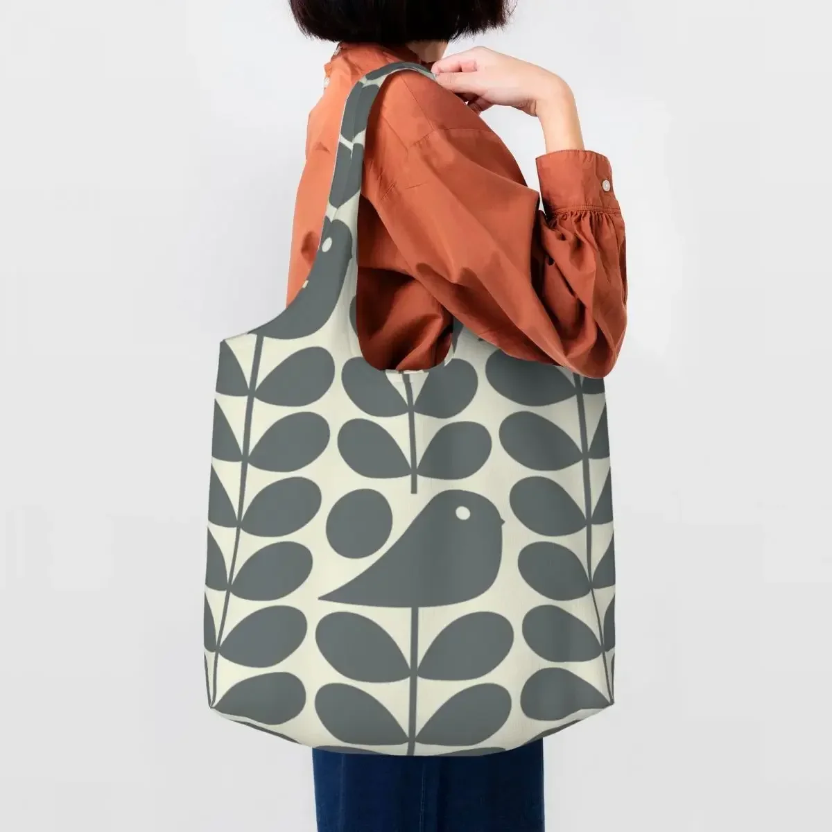 Custom Kawaii Print Orla Kiely Early Bird Cool Grey Shopping Tote Bags Reusable Canvas Shopper Shoulder Photograph Handbags