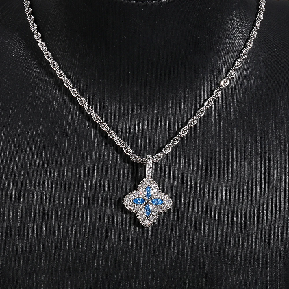 Naszyjnik z zawieszką w kształcie kwiatka z lodowym błękitem i cyrkoniami sześciennymi 5A+, modny naszyjnik z łańcuszkiem typu rope, luksusowy prezent w stylu hiphop dla kobiet i mężczyzn.