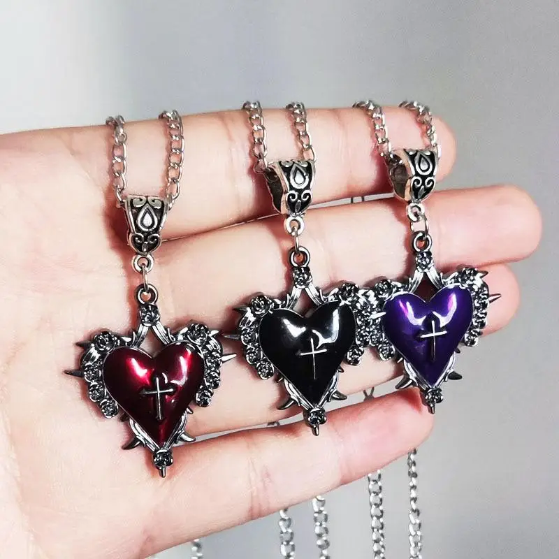 القوطية الموت الصليب قلادة للنساء رجل موضة الساحرة مجوهرات اكسسوارات هدية شوكة ارتفع الأحمر القلب قلادة المختنق جديد