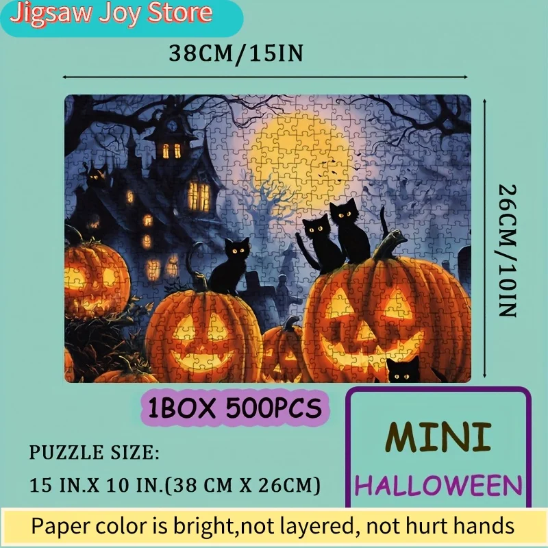 Puzzle dla dorosłych z motywem dyniowego ogródka i czarnego kota na noc Halloween, odpowiednie do gier imprezowych i rekwizytów.