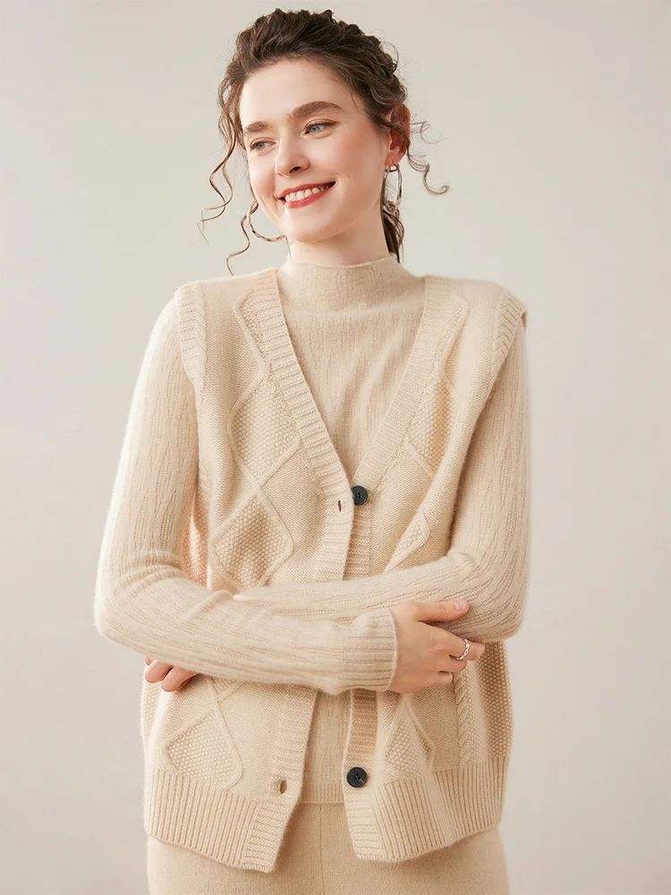 

Women's Autumn Winter High Quality V-Neck 100% Cashmere Cardigan Sweater Cable Stitch Solid Warm Soft Versatile Clothing Tops