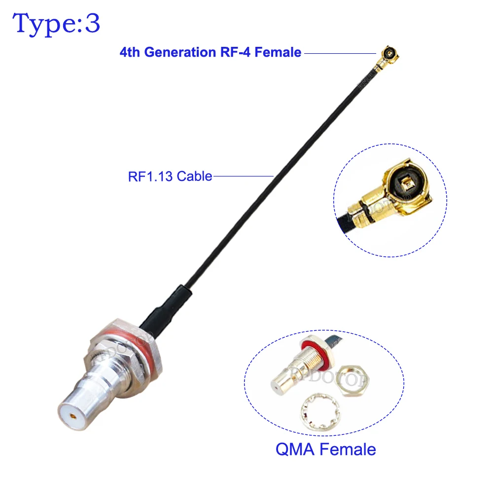 10PCS/Lot QMA Female to IPX-4 MHF4 Female Jack Connector 50Ohm High-Quality RF1.13 RF Coaxial Pigtail Jumper Cable 5CM-1M