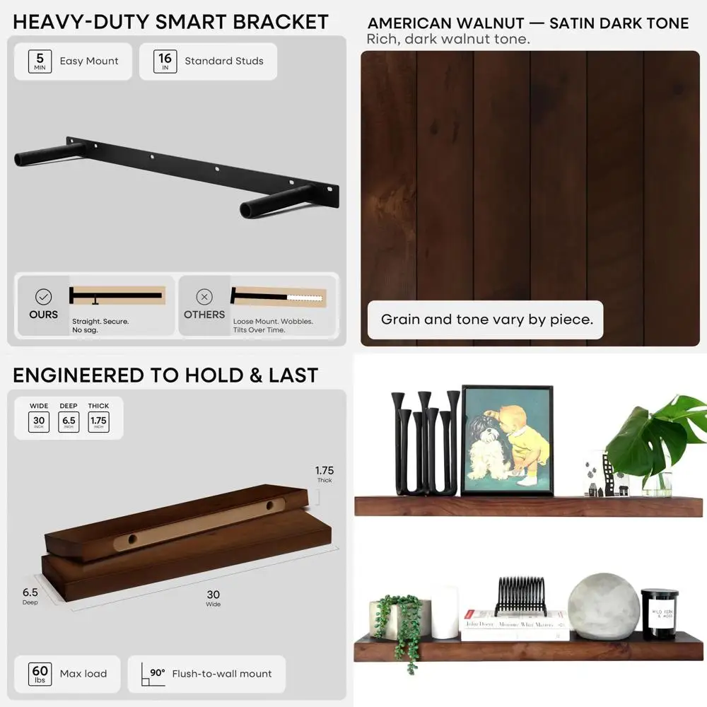 

Пара из 30 настенных полков темно-коричневого ореха, плавающих из массива дерева с прочными кронштейнами, глубина 6,5