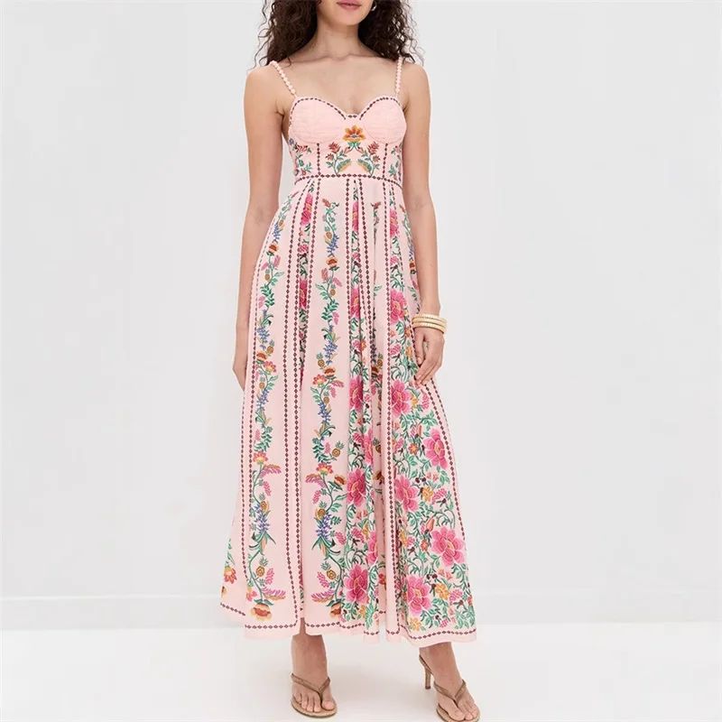 Combhasaki Women Adjustable Thin Beading Spaghetti Strap Smocked Backless Floral Print Summer Swing A-line Slip Party Long Dress