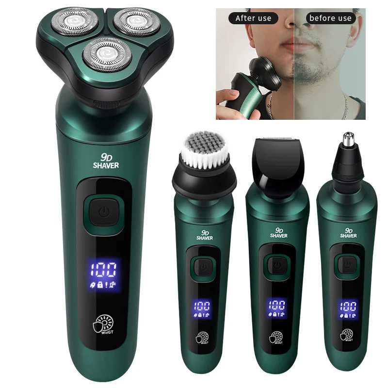 Verde inteligente barbeador elétrico display digital lcd três-cabeça navalha flutuante usb recarregável de lavar multi-função barba faca