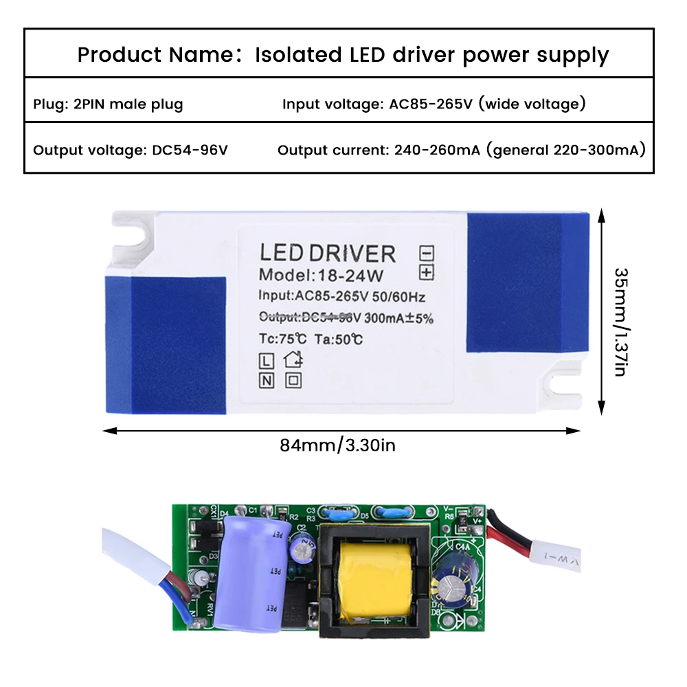 AC85-265V LED Driver 3W 6W 9W 12W 15W 18W 24W  2PIN Male 240-260mA Isolated Type LED Power Supply Unit Lighting Transformers