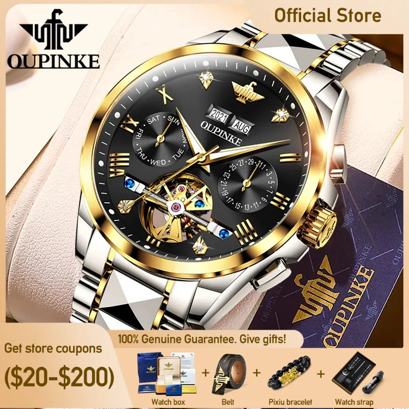 OUPINKE Top Brand Men\'s Watches Luxury Sapphire Automatic Mechanical Watch for Man Tungsten Steel Tourbillon Wristwath Calendar