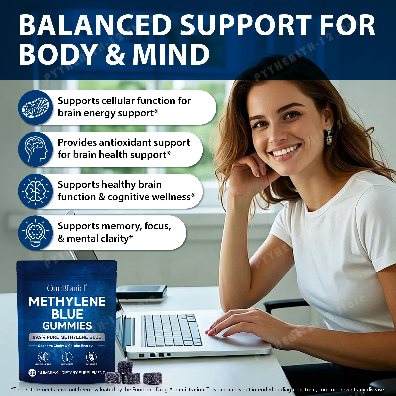 Methylene Blue Gummies,5mg 99.9% USP‑Grade Formula,30 Count,Boost Mental Focus,Cognitive Clarity & Cellular Energy for Adult